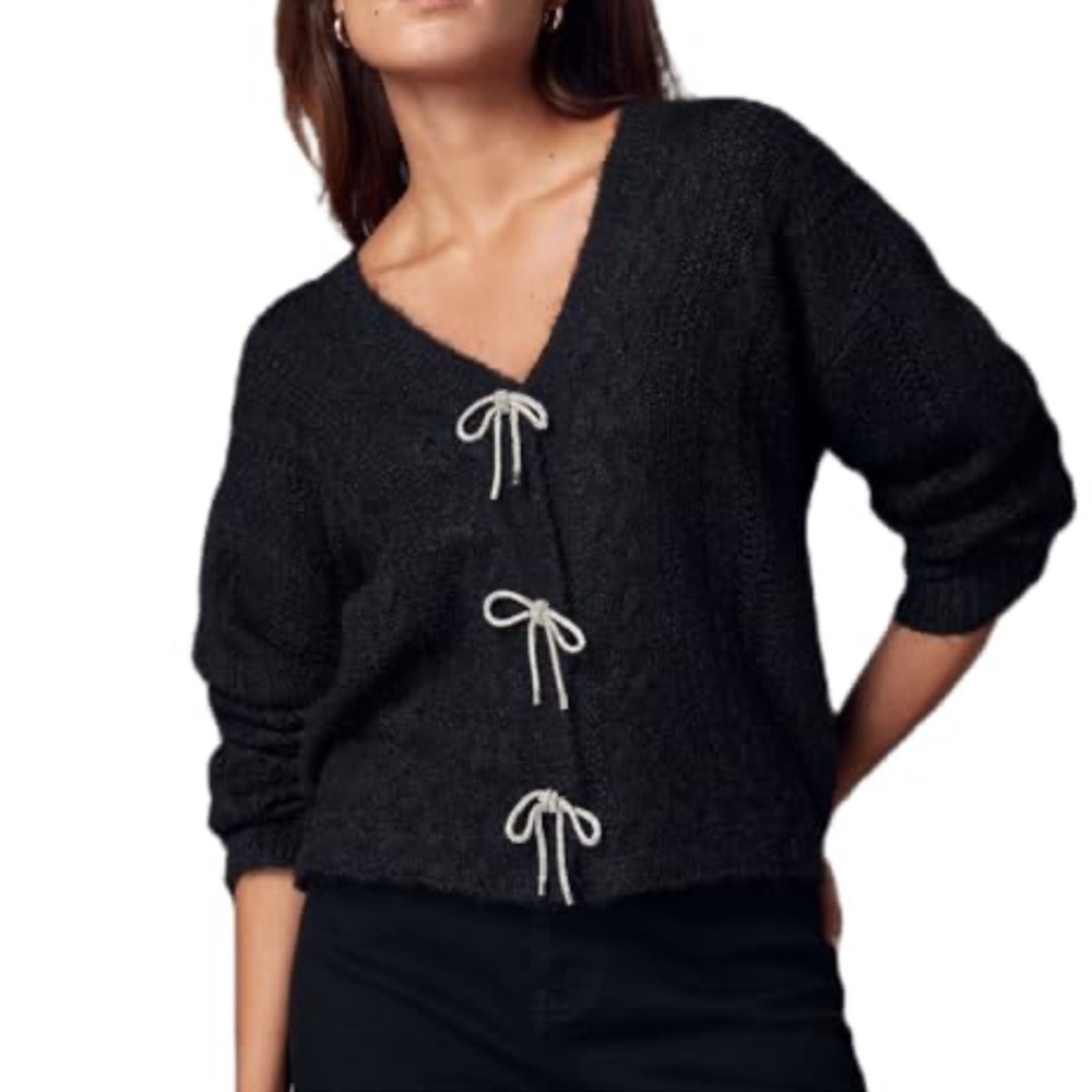 NWT‎ Design History Size Large Black Sweater with Rhinestone Bling Bow Cardigan